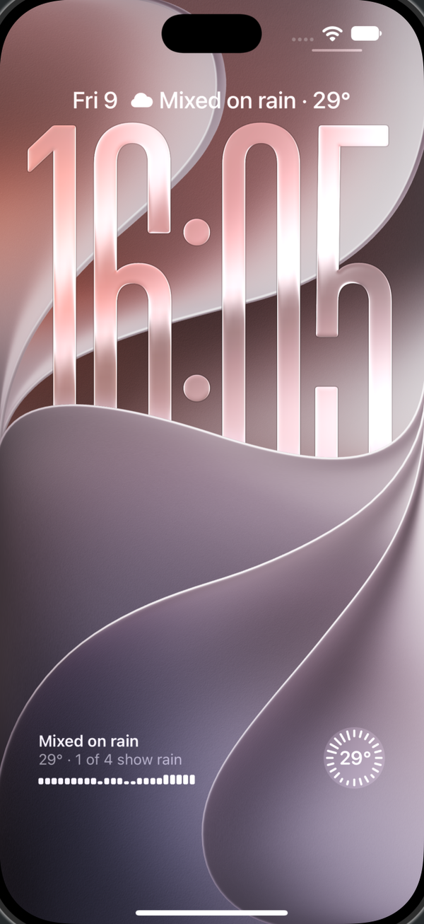 Chorus Lock Screen widgets: Mixed on rain above the clock, a rectangular widget with the 24-hour strip, and the circular ring